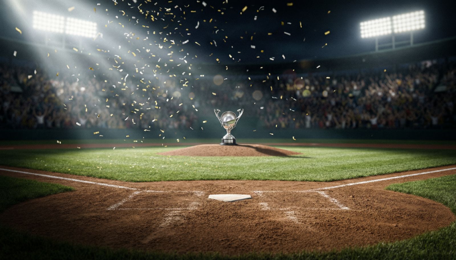 夜间棒球场、冠军奖杯与彩带的AI示意图，无队徽与人物